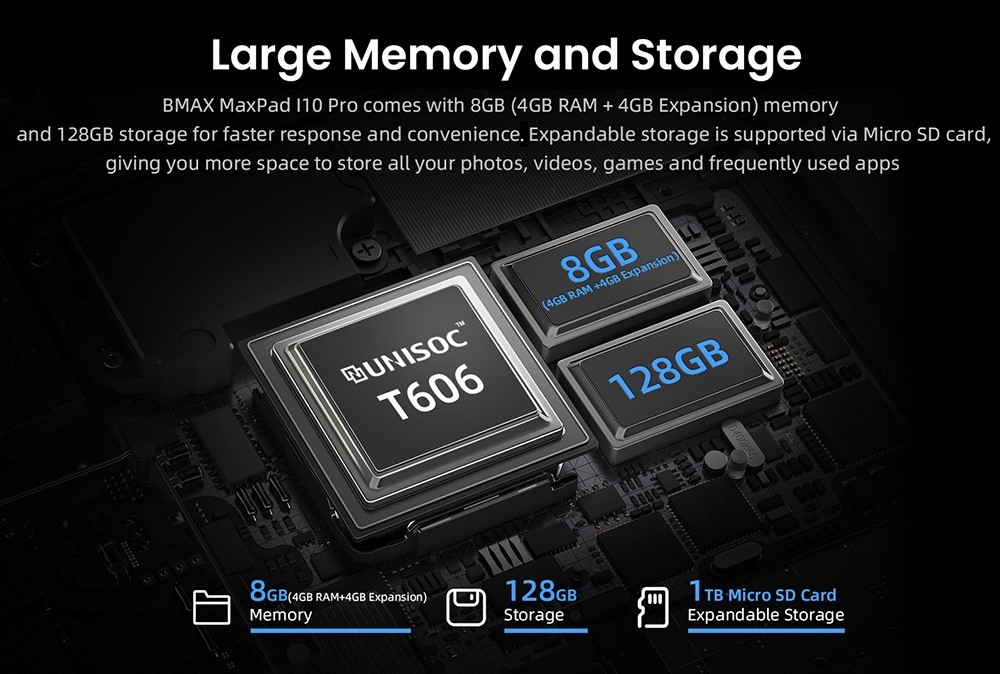 BMAX I10 Pro 10.1 inch Tablet UNISOC T606 Octa Core Android 13 Multi-language 4G LTE 4GB+4GB Expansion RAM 128GB SSD 1280x800 HD IPS Touch Screen 2.4G/5G WiFi Bluetooth 5.0 13MP Rear Camera - EU