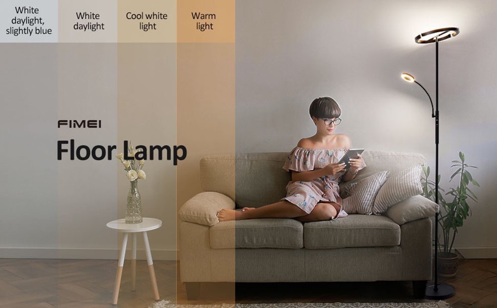 FIMEI MF18813 Stojacia lampa so svetlom na čítanie, ochrana očí, 4 teploty farieb, plynulé stmievanie, dotykové ovládanie & diaľkové ovládanie, do obývačky, kancelárie, spálne - čierna