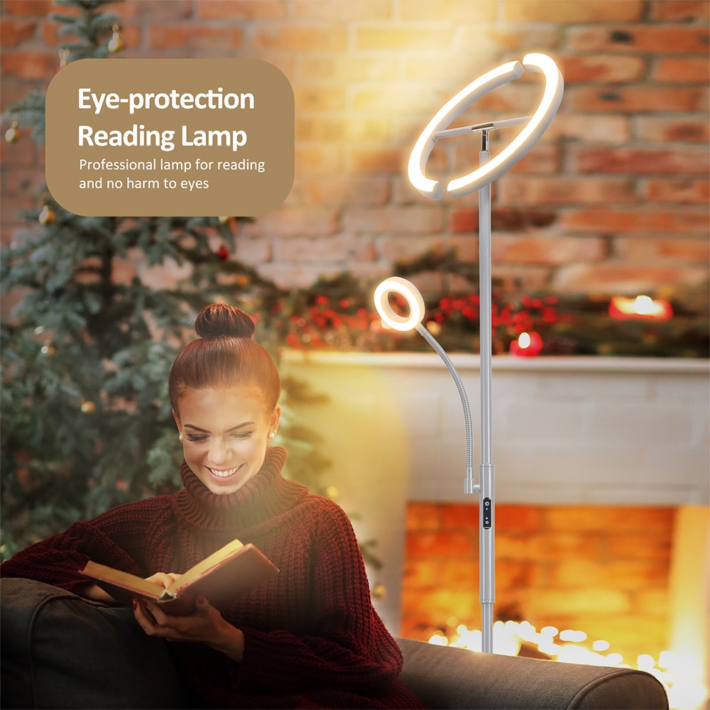 FIMEI MF18813 Stojacia lampa so svetlom na čítanie, ochrana očí, 4 teploty farieb, plynulé stmievanie, dotykové ovládanie & diaľkové ovládanie, do obývačky, kancelárie, spálne - sivá