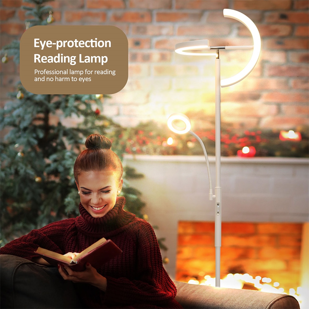 FIMEI MF18813 Stojacia lampa so svetlom na čítanie, ochrana očí, 4 teploty farieb, plynulé stmievanie, dotykové ovládanie & diaľkové ovládanie, do obývačky, kancelárie, spálne - biela