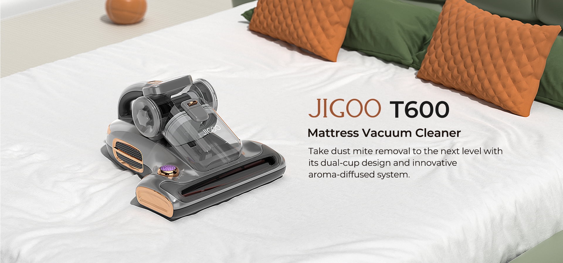 JIGOO T600 Dual-Cup Smart Mite Cleaner so systémom Aroma-Diffuser, 700W 15KPa odsávanie, senzor roztočov, UV svetlo, ultrazvuková technika, 99.99% odstránenie roztočov, zástrčka EÚ - sivá