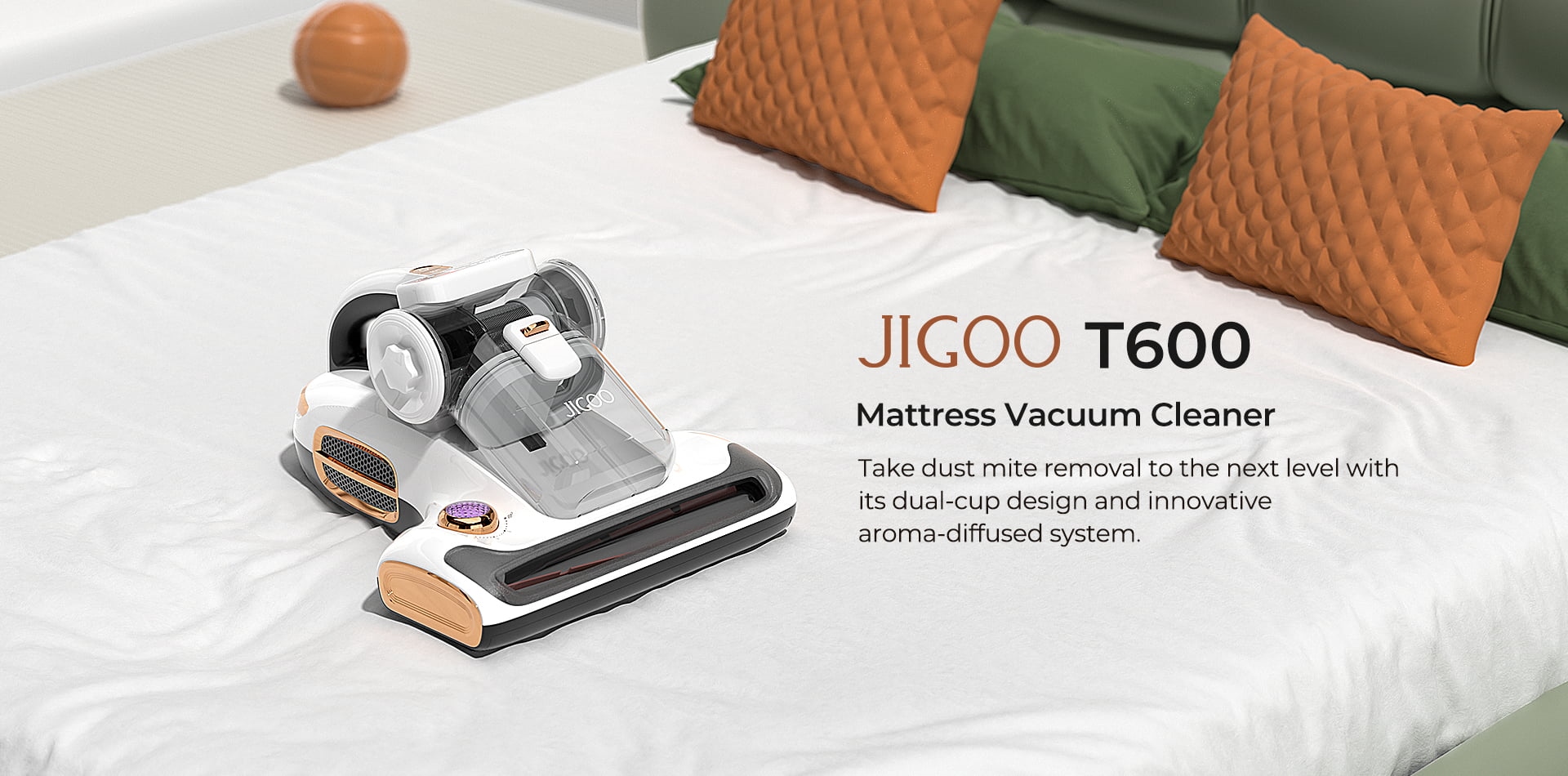 JIGOO T600 Dual-Cup Smart Mite Cleaner so systémom Aroma-Diffuser, 700W 15KPa odsávanie, senzor roztočov, UV svetlo, ultrazvuková technika, 99.99% odstránenie roztočov, zástrčka EÚ - biela