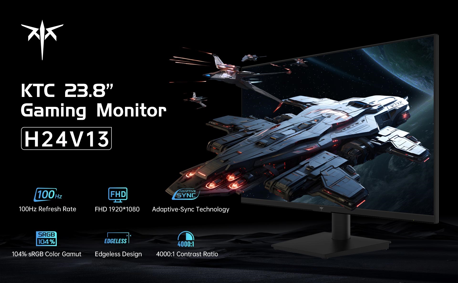 KTC H24V13 23.8-palcový herný monitor 100Hz 1920 x 1080 104% sRGB AdaptiveSync VESA Wall Mount Tilt Adjustment