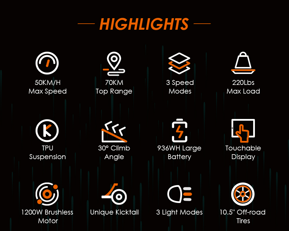 KUGOO KIRIN G3 Adventurers Dream Electric Scooter 1200W Rear Motor 52V 18Ah Lithium Battery Touchable Display Control