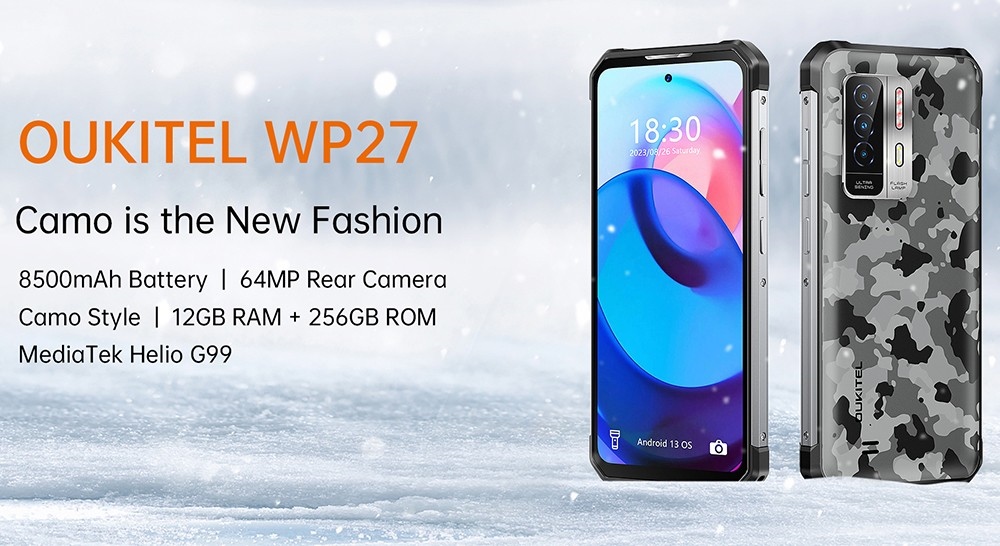 OUKITEl WP27 Rugged Smartphone, 12GB+256GB, 16MP Front Camera+64MP Rear Camera, 8500mAh Battery, 6.8 inch Screen, Android 13.0, Fingerprint Unlock - Black Blue