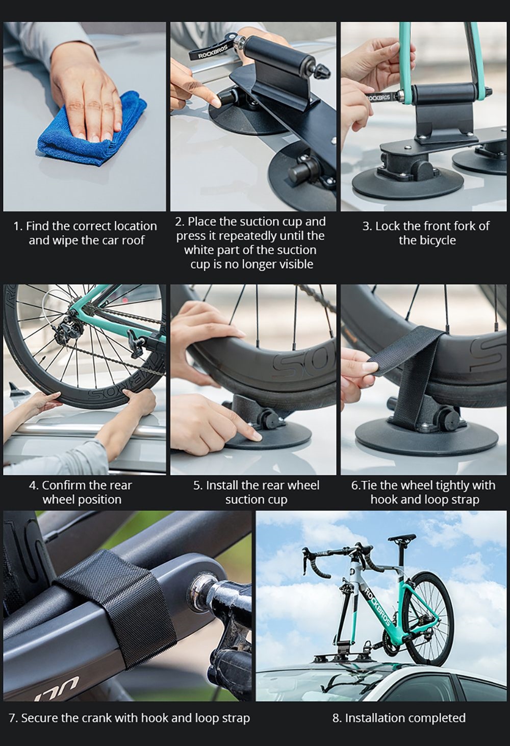 ROCKBROS Suction Cup Bike Rack for Car Roof Top Black
