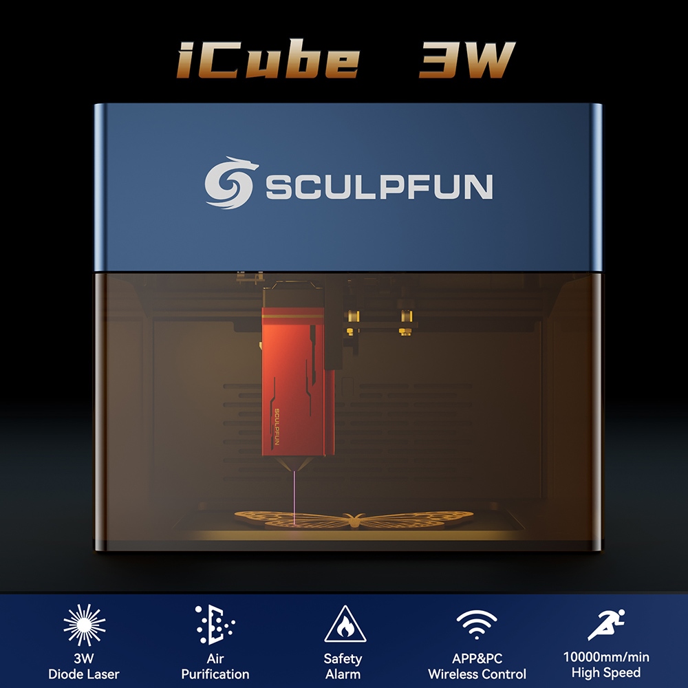 SCULPFUN iCube 3W Laser Engraver, 0.02mm Laser Spot, 10000mm/min Engraving Speed, 32-bit Motherboard, Replaceable Lens, Smoke Filter, Temperature Alarm, App Connection, 130x130mm - US Plug