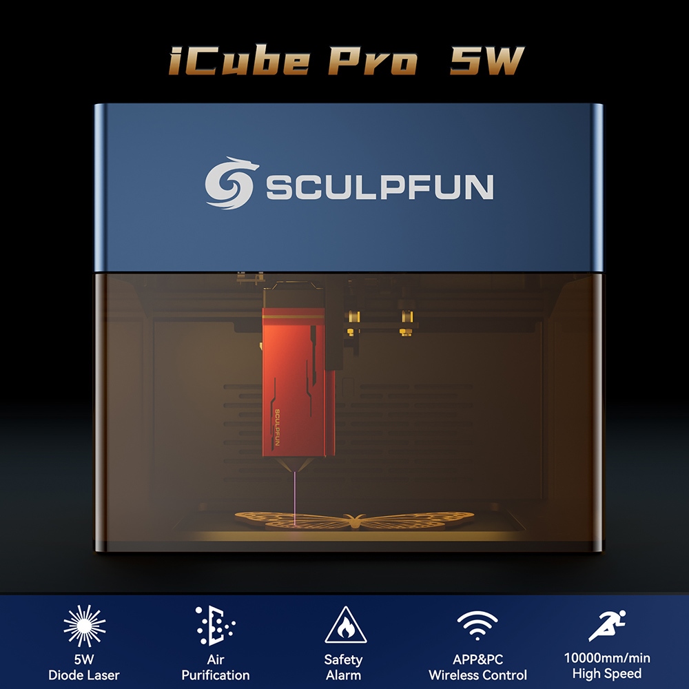 SCULPFUN iCube Pro 5W Laserový gravír, 0.06mm laserový bod, rýchlosť gravírovania 10000mm/min, 32-bitová základná doska, vymeniteľná šošovka, dymový filter, teplotný alarm, pripojenie k aplikácii, 130x130mm - zástrčka EÚ