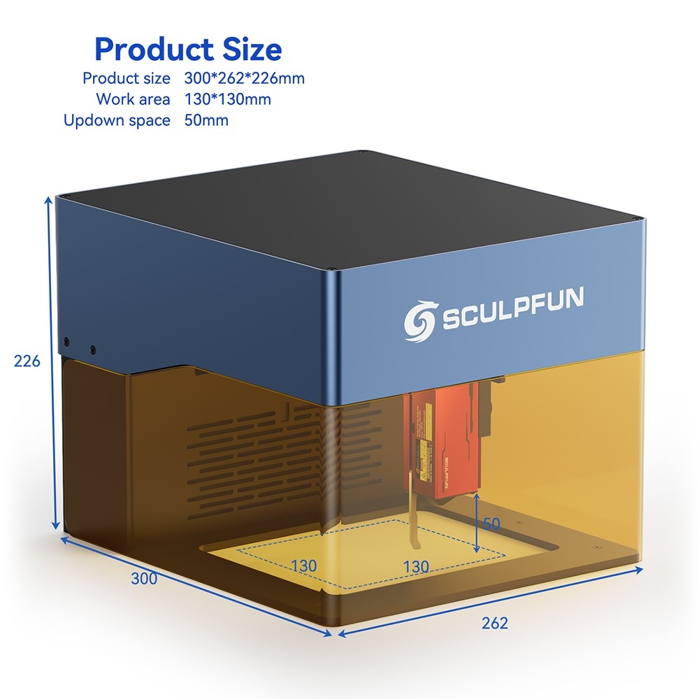 SCULPFUN iCube Pro 5W Laserový gravír, 0.06mm laserový bod, rýchlosť gravírovania 10000mm/min, 32-bitová základná doska, vymeniteľná šošovka, dymový filter, teplotný alarm, pripojenie k aplikácii, 130x130mm - EU zástrčka
