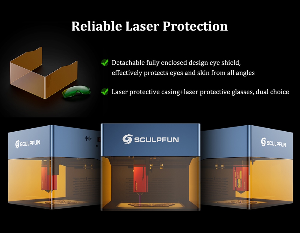 SCULPFUN iCube Pro 5W Laserový gravír, 0.06mm laserový bod, rýchlosť gravírovania 10000mm/min, 32-bitová základná doska, vymeniteľná šošovka, dymový filter, teplotný alarm, pripojenie k aplikácii, 130x130mm - EU zástrčka