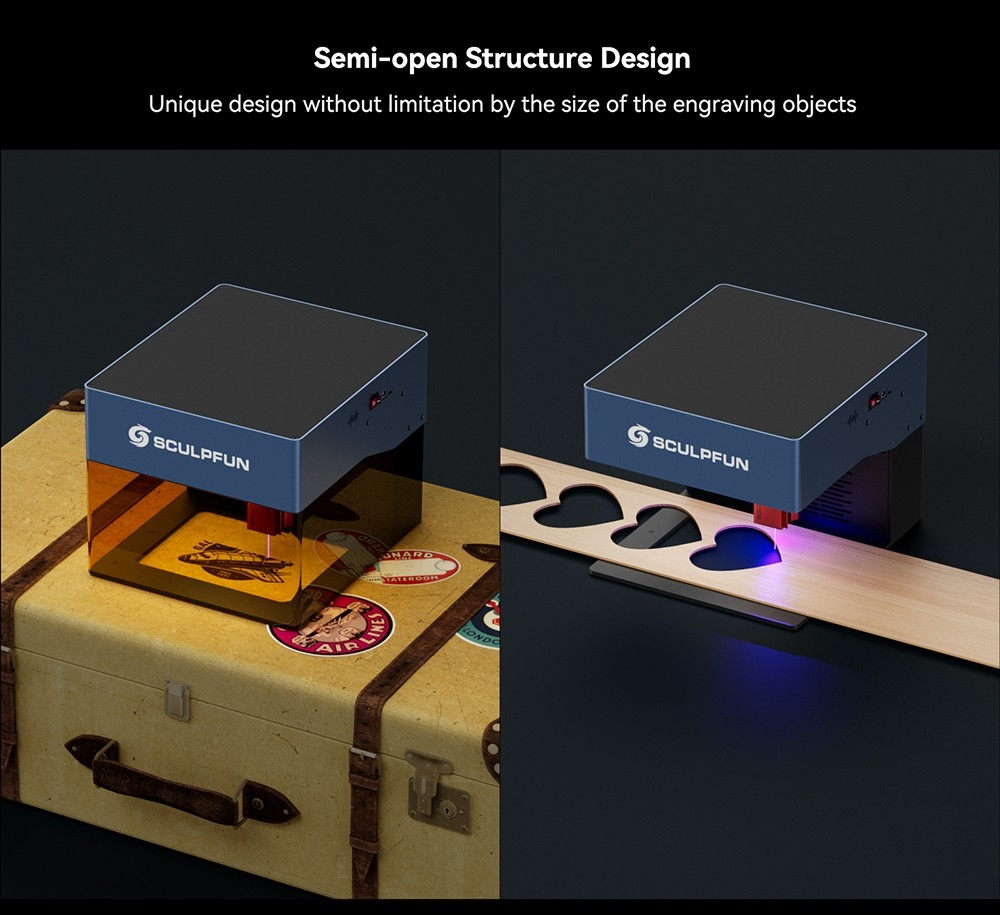 SCULPFUN iCube Pro 5W Laser Engraver, 0.06mm Laser Spot, 10000mm/min Engraving Speed, 32-bit Motherboard, Replaceable Lens, Smoke Filter, Temperature Alarm, App Connection, 130x130mm - US Plug