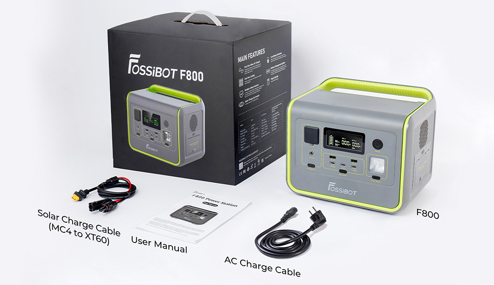 Přenosná elektrárna FOSSiBOT F800, 512Wh LiFePO4 solární generátor, 800W AC výstup, 200W Max solární vstup, 8 výstupů, LED světlo – zelené