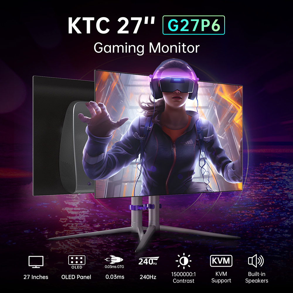 27-palcový herný monitor KTC G27P6 OLED s rozlíšením 2560x1440, obnovovacou frekvenciou 240 Hz a 0,03 ms GTG - zástrčka EÚ