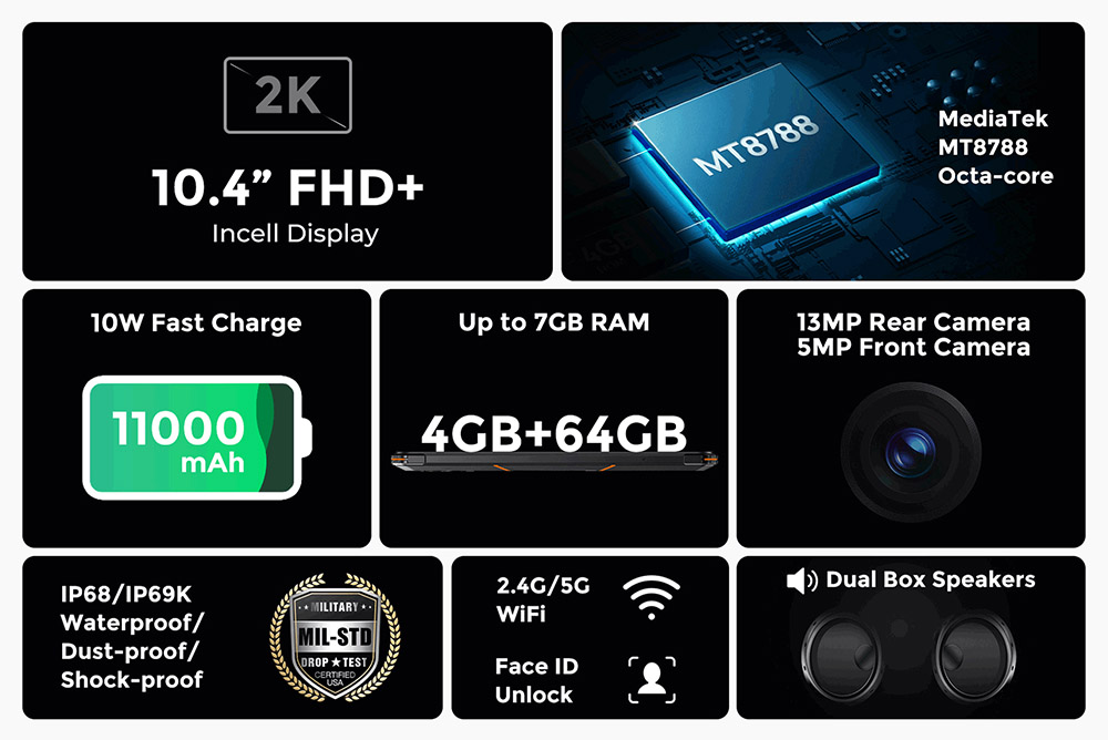 FOSSiBOT DT1 Lite 10,4-palcový odolný tablet, MT8788 Octa-core 2.0GHz, Android 13, 1200x2000 2K FHD IPS obrazovka, 4GB RAM 64GB ROM, 13MP+5MP fotoaparát, 2.4G/5G WiFi Bluetooth 5.0, 11000mAh reverzné nabíjanie, odolný voči vode/prachu/nárazom, odomykanie pomocou Face ID - čierny