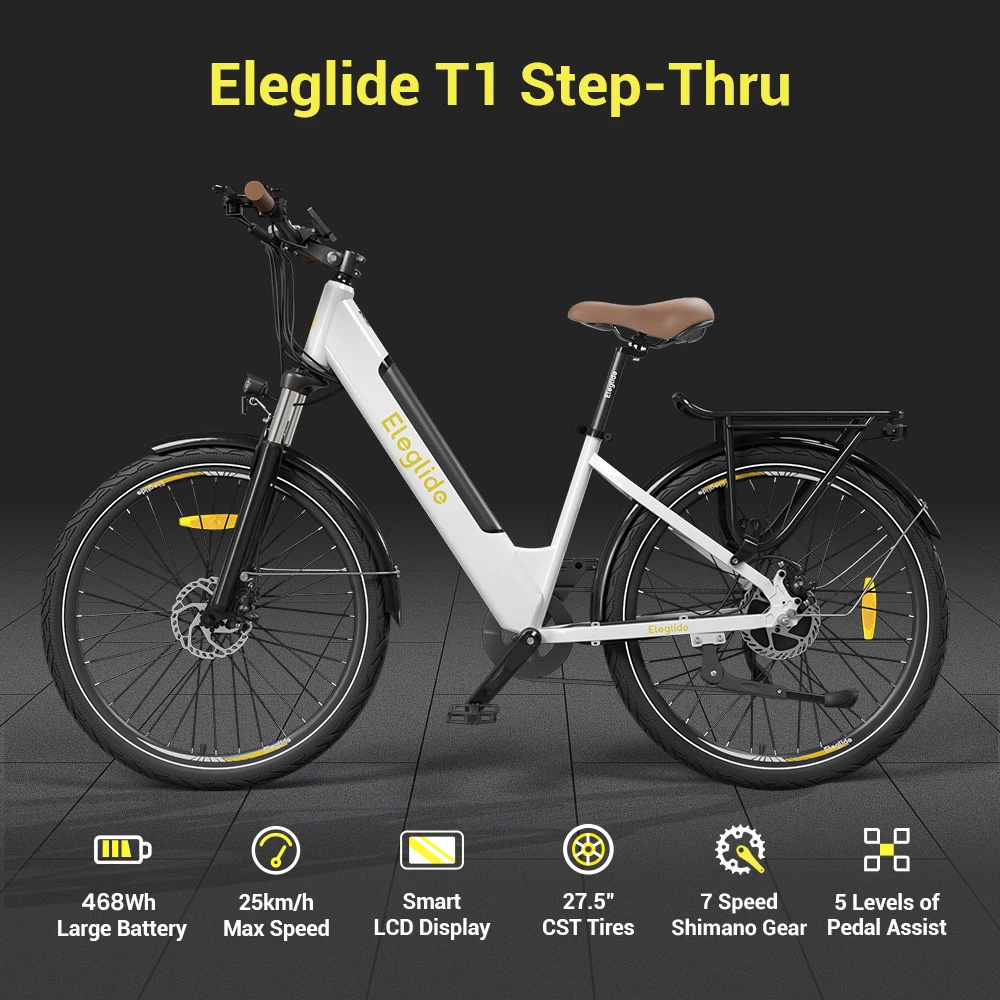 2PCS Eleglide T1 STEP-THRU Electric Trekking Bike 27.5 Inch CST Tires 36V 13AH Battery 250W Brushless Motor Shimano 7 Gears Max Speed 25Km/h Max Range 100KM Max Load 120KG IPX4 Waterproof Dual Disk BrakeTrekking E-Bike - White