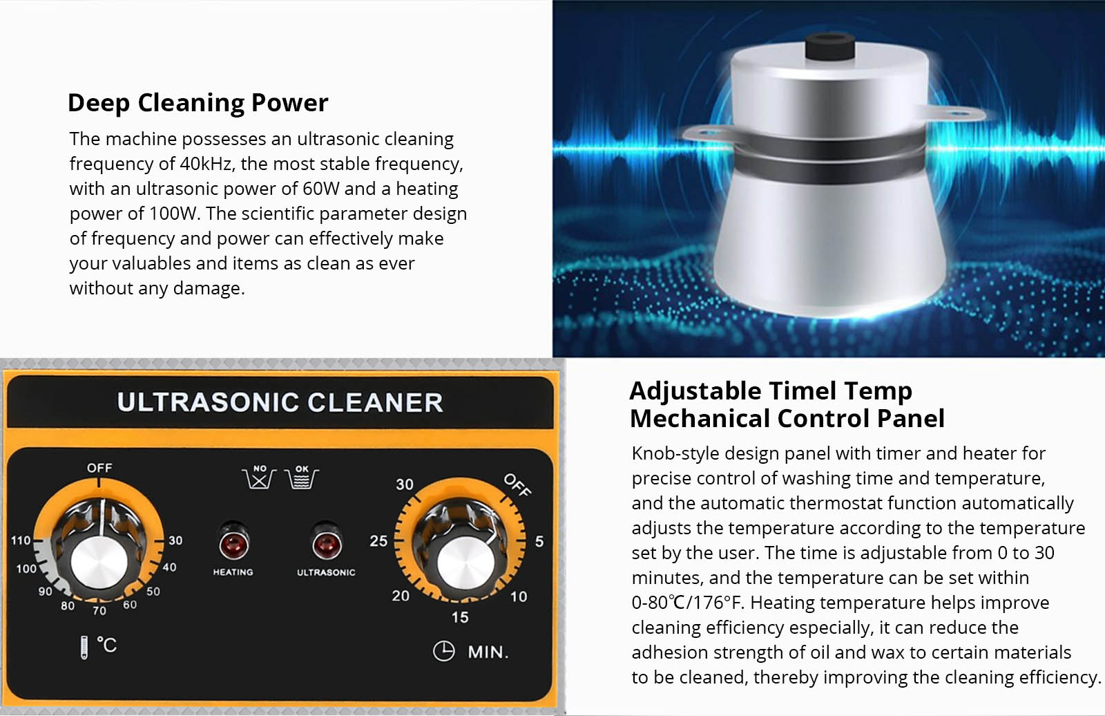 Geekbes 2L Ultrasonic Cleaner with Mechanical Knob, 60W Ultrasonic Power, 100W Heating Power, Adjustable Time/Temperature, Automatic Thermostat Function