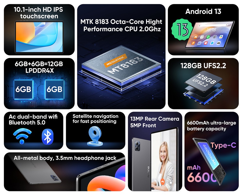 N-one NPad S 10.1'' Tablet MTK8183 Octa-Core CPU, Android 13 OS, 6GB RAM 128GB ROM, 5G WiFi, Bluetooth 5.0, 6600mAh Battery