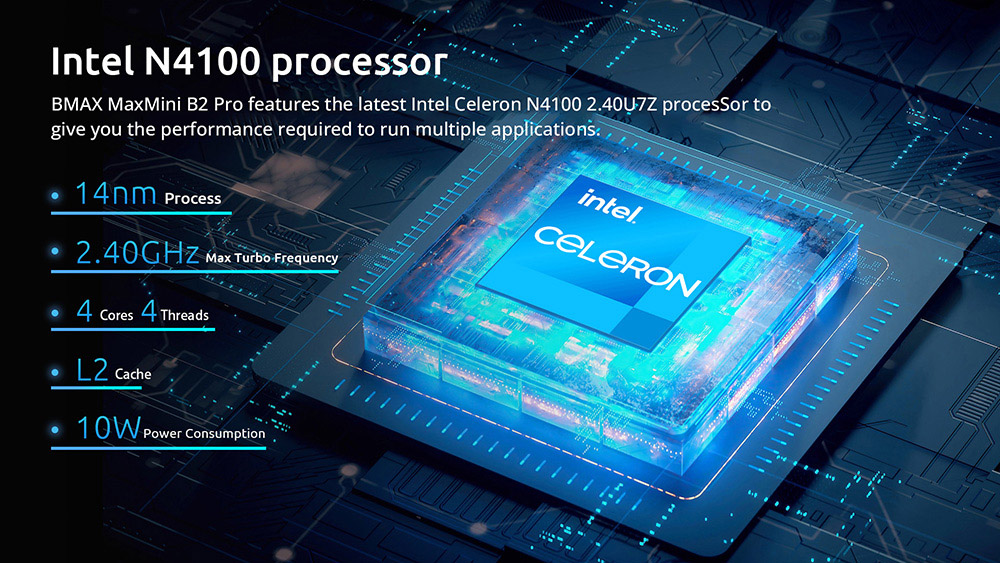 BMAX B2 Pro Mini PC, Intel N4105 Quad Core CPU Up to 2.5GHz, 8GB DDR4 256GB SSD, 4K 60Hz HDMI 2.0x2, USB 3.0x4, USB 2.0, Micro SD Card Slot, 3.5mm Audio, M.2 2280 SSD Slot, 2.4/5GHz Dual Wi-Fi, BT 5.0, RJ45 1000Mbps Ethernet, Windows 11 Pro