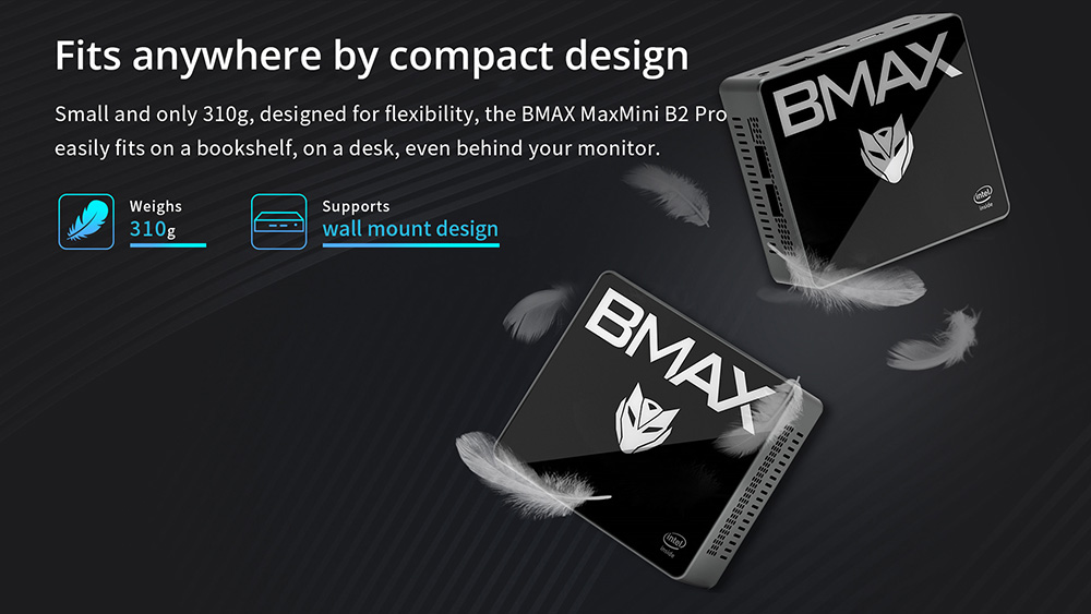BMAX B2 Pro Mini PC, Intel N4105 Quad Core CPU Up to 2.5GHz, 8GB DDR4 256GB SSD, 4K 60Hz HDMI 2.0x2, USB 3.0x4, USB 2.0, Micro SD Card Slot, 3.5mm Audio, M.2 2280 SSD Slot, 2.4/5GHz Dual Wi-Fi, BT 5.0, RJ45 1000Mbps Ethernet, Windows 11 Pro