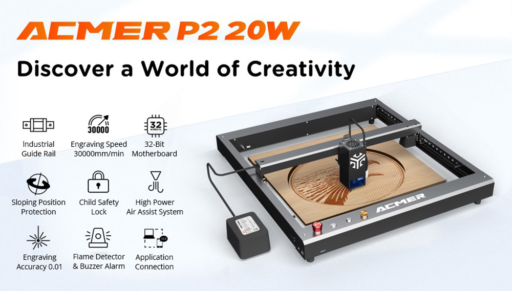 ACMER P2 20W Laser Engraver Cutter, Fixed Focus, Engraving at 30000mm/min, Ultra-silent Auto Air Assist, 0.01mm Engraving Accuracy, iOS Android App Control, Pre-Assembled, 420*400mm