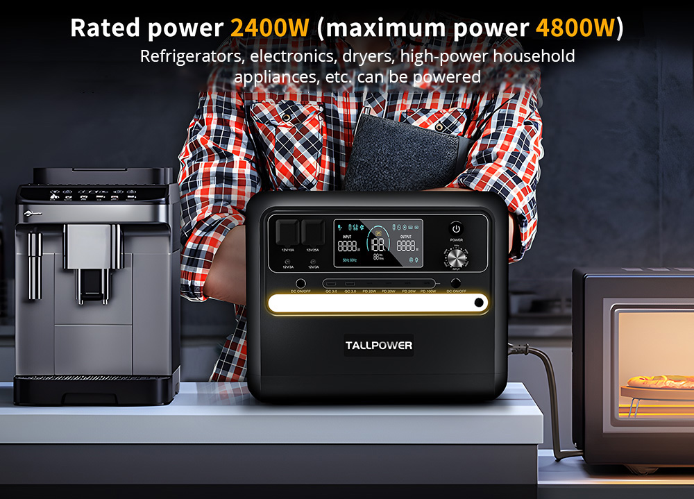 TALLPOWER V2400 Prenosná napájacia stanica, solárny generátor 2160Wh LiFePo4, 2400W výstup AC, nastaviteľný vstupný výkon, PD 100W USB-C, funkcia UPS, LED svetlo, 13 výstupov