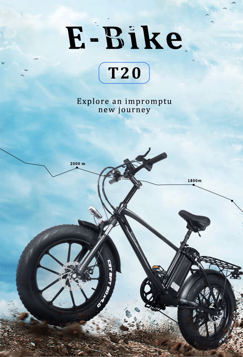 CMACEWHEEL T20 Electric Bike 20*4.0 palcov CST pneumatika 750W motor 40-45km/h max. rýchlosť 17Ah batéria - sivá čierna gradient