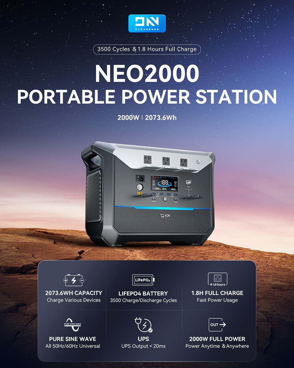 DaranEner NEO2000 Portable Power Station, 2073.6Wh LiFePO4 Battery Solar Generator, 2000W AC Output, 1.8 Hours Full Charge, 14 Ports, Wireless Charging, for Outdoors Camping, Travel, RV, Home Emergency