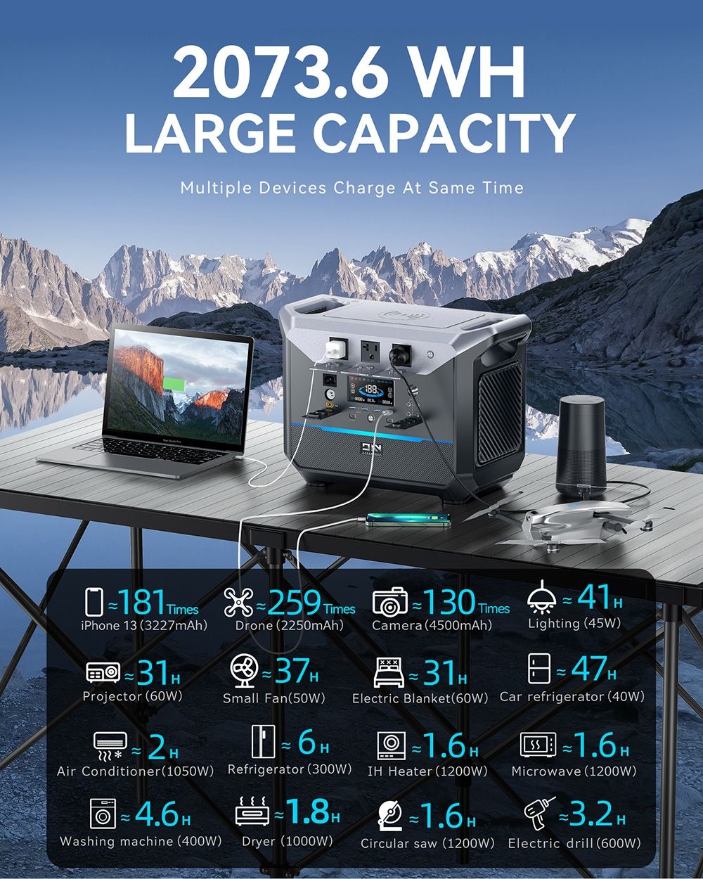 DaranEner NEO2000 Portable Power Station, 2073.6Wh LiFePO4 Battery Solar Generator, 2000W AC Output, 1.8 Hours Full Charge, 14 Ports, Wireless Charging, for Outdoors Camping, Travel, RV, Home Emergency