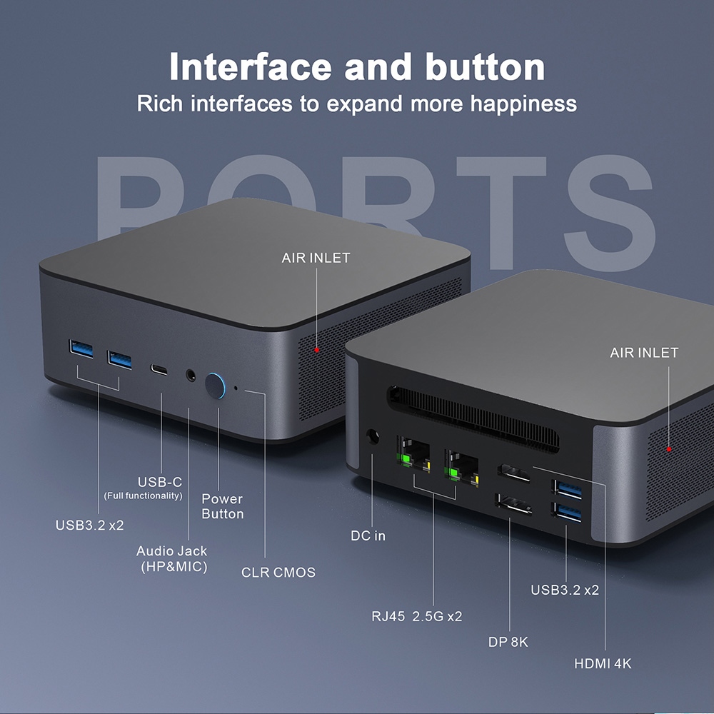 GXMO H90 Mini PC, Intel i7-11390H 4 Cores 8 Threads Up to 5.0 GHz, 16GB DDR4 RAM 512GB SSD, WiFi 6 Bluetooth 5.0, DP (8K) HDMI (4K) Type-C (4K) Triple Screen Display, 4*USB3.2, 2*2.5G RJ45, 1*Audio Jack - EU Plug
