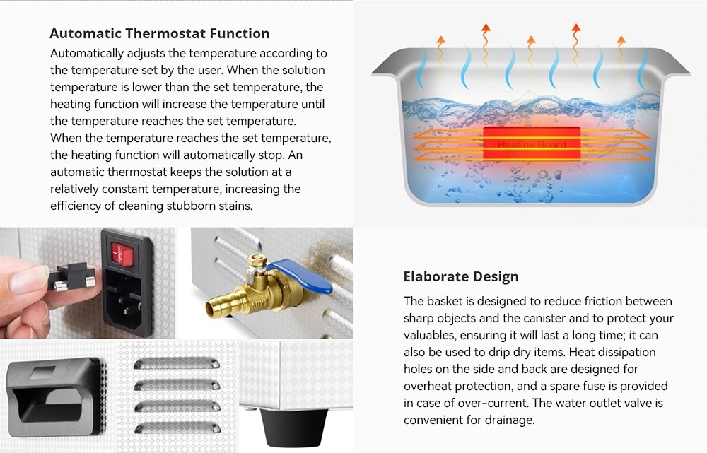 Geekbes ZX-080 Ultrazvuková čistička s mechanickým gombíkom, kapacita 22 l, ultrazvukový výkon 480 W, výkon ohrevu 500 W, nastaviteľný čas/teplota, funkcia automatického termostatu