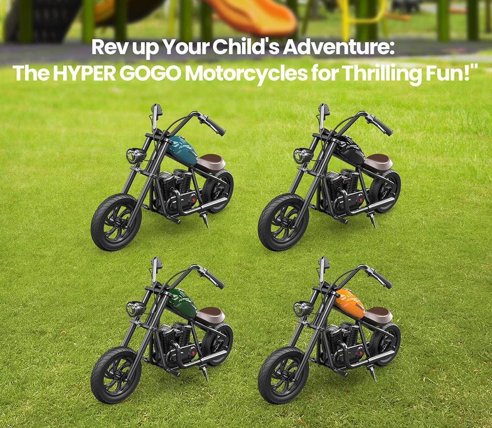 HYPER GOGO Challenger 12 Electric Chopper Motorcycle for Kids 24V 5.2Ah 160W with 12'x3' Tires, 12KM Top Range - Sky Blue
