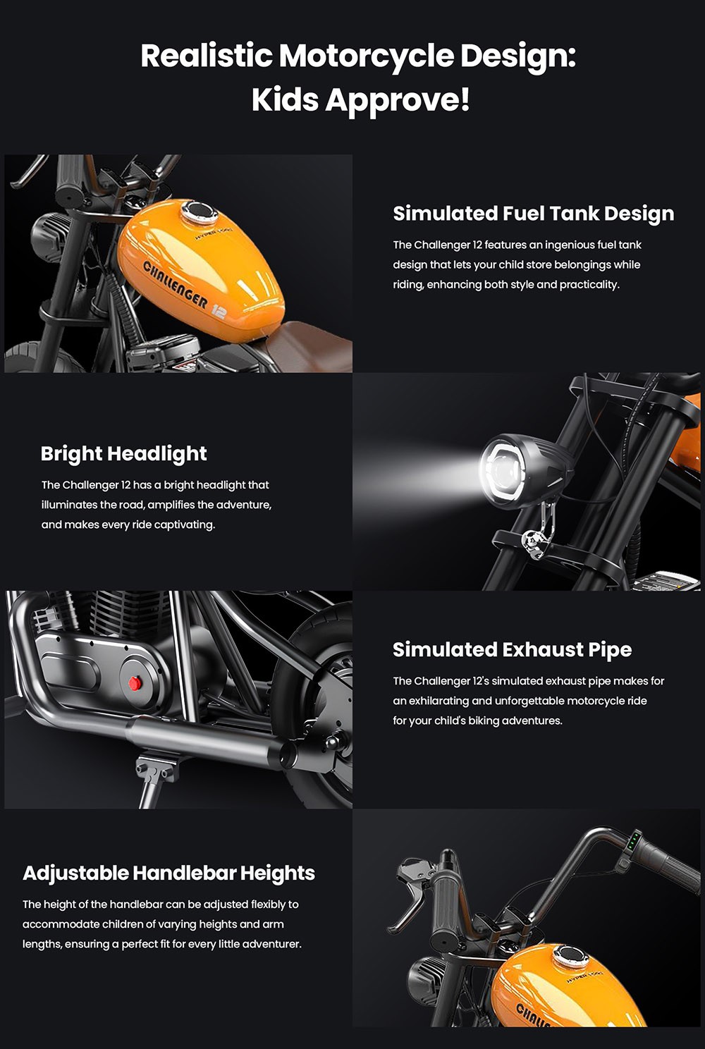 HYPER GOGO Challenger 12 Electric Chopper Motorcycle for Kids 24V 5.2Ah 160W s pneumatikami 12'x3', maximálny dojazd 12 km - oranžová