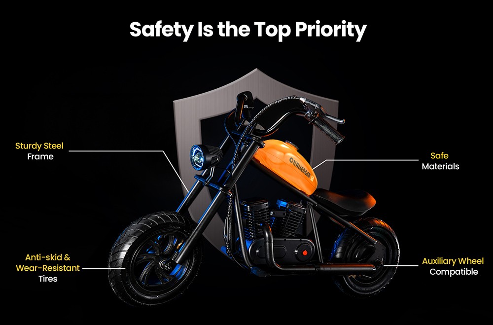 HYPER GOGO Challenger 12 Electric Chopper Motorcycle for Kids 24V 5.2Ah 160W s pneumatikami 12'x3', maximálny dojazd 12 km - oranžová