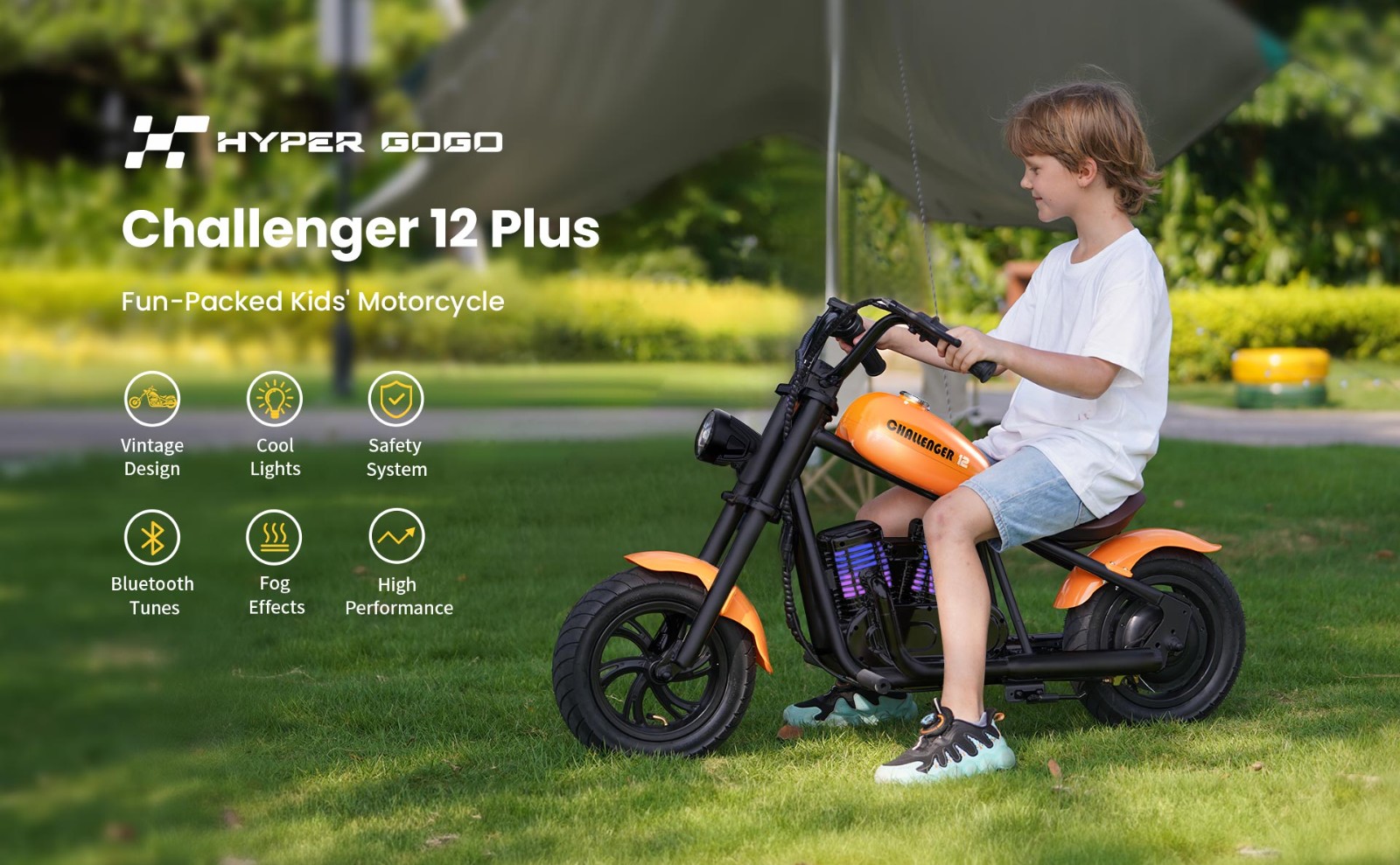 HYPER GOGO Challenger 12 Plus Elektrická motorka pre deti 12'' Pneumatiky s Bluetooth reproduktorom Simulovaná hmla - čierna