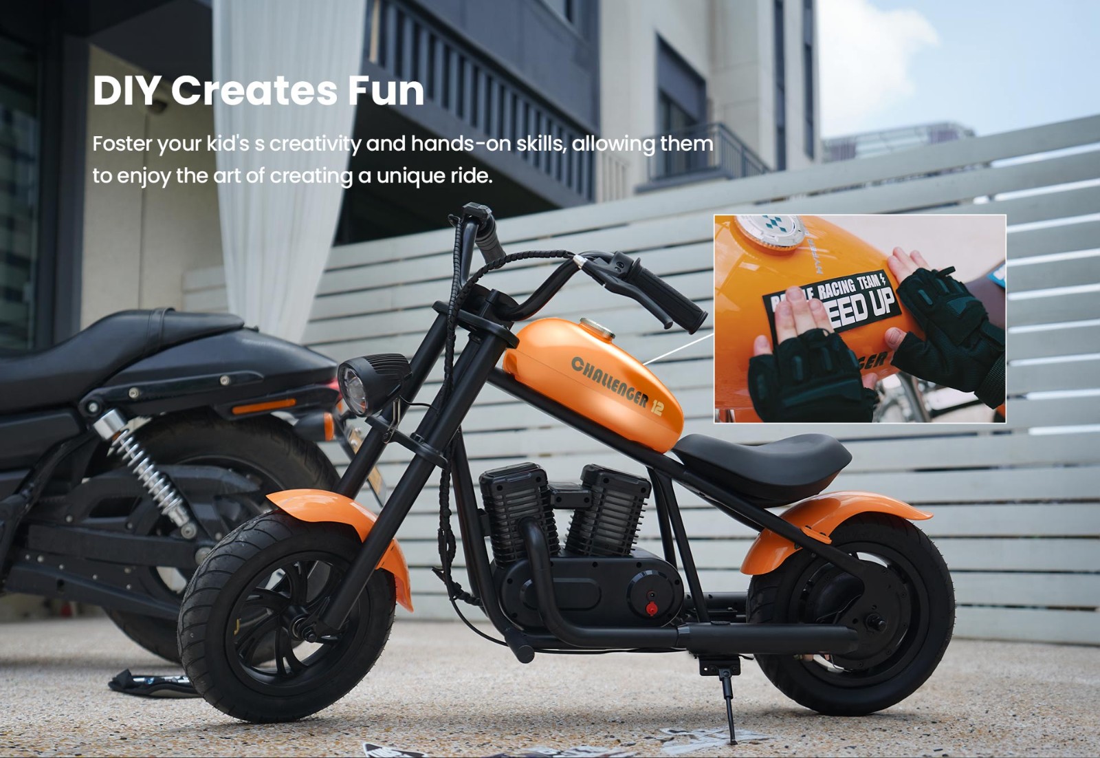 HYPER GOGO Challenger 12 Plus Elektrická motorka pre deti 12'' Pneumatiky s reproduktorom Bluetooth Simulovaná hmla - zelená