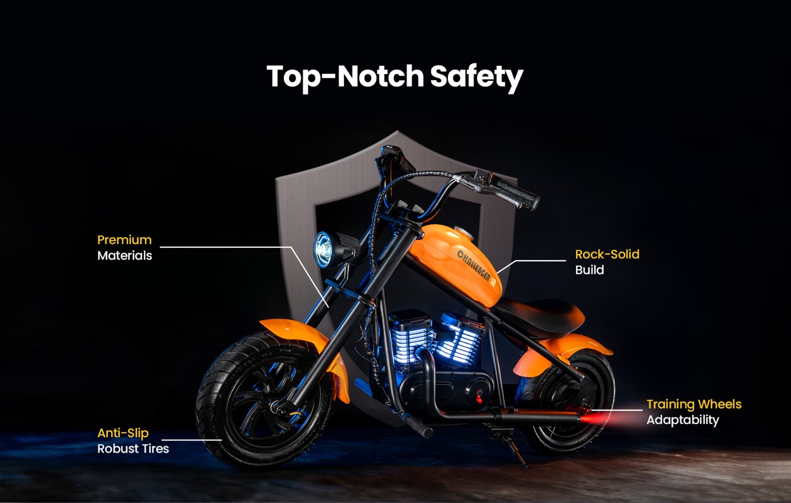 HYPER GOGO Challenger 12 Plus Elektrická motorka pre deti 12'' Pneumatiky s Bluetooth reproduktorom Simulovaná hmla - oranžová