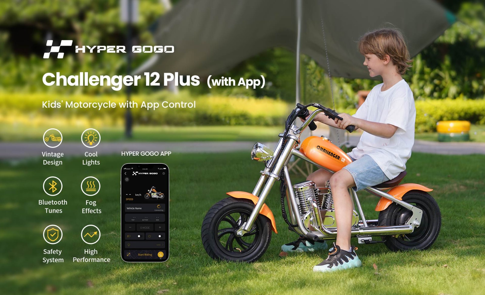 HYPER GOGO Challenger 12 Plus s aplikáciou Elektrická motorka pre deti 12'' pneumatiky Bluetooth reproduktor hmla - modrá