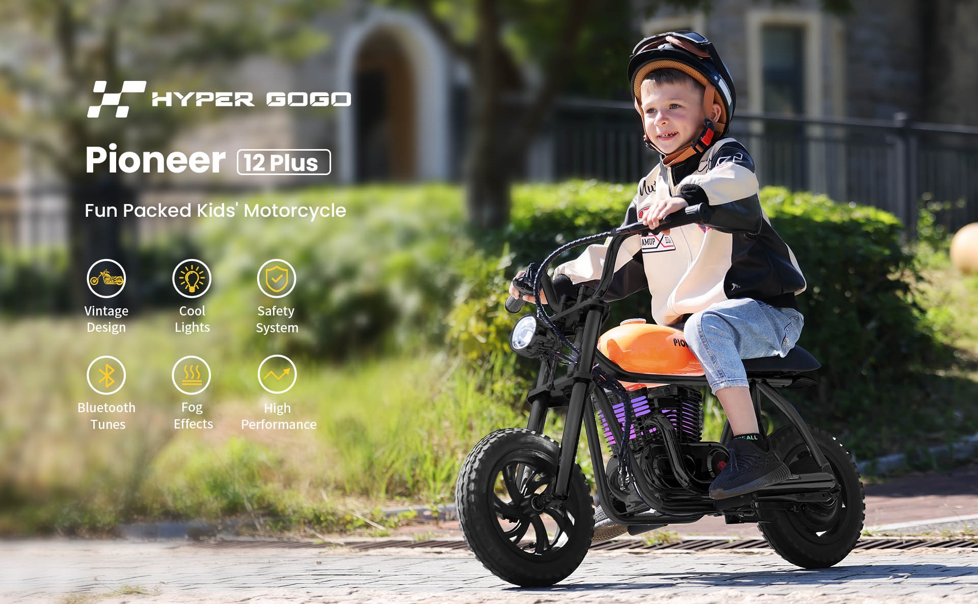 HYPER GOGO Pioneer 12 Plus Electric Chopper Motorcycle for Kids 24V 5.2Ah 160W s pneumatikami 12'x3', maximálny dojazd 12 km - modrá