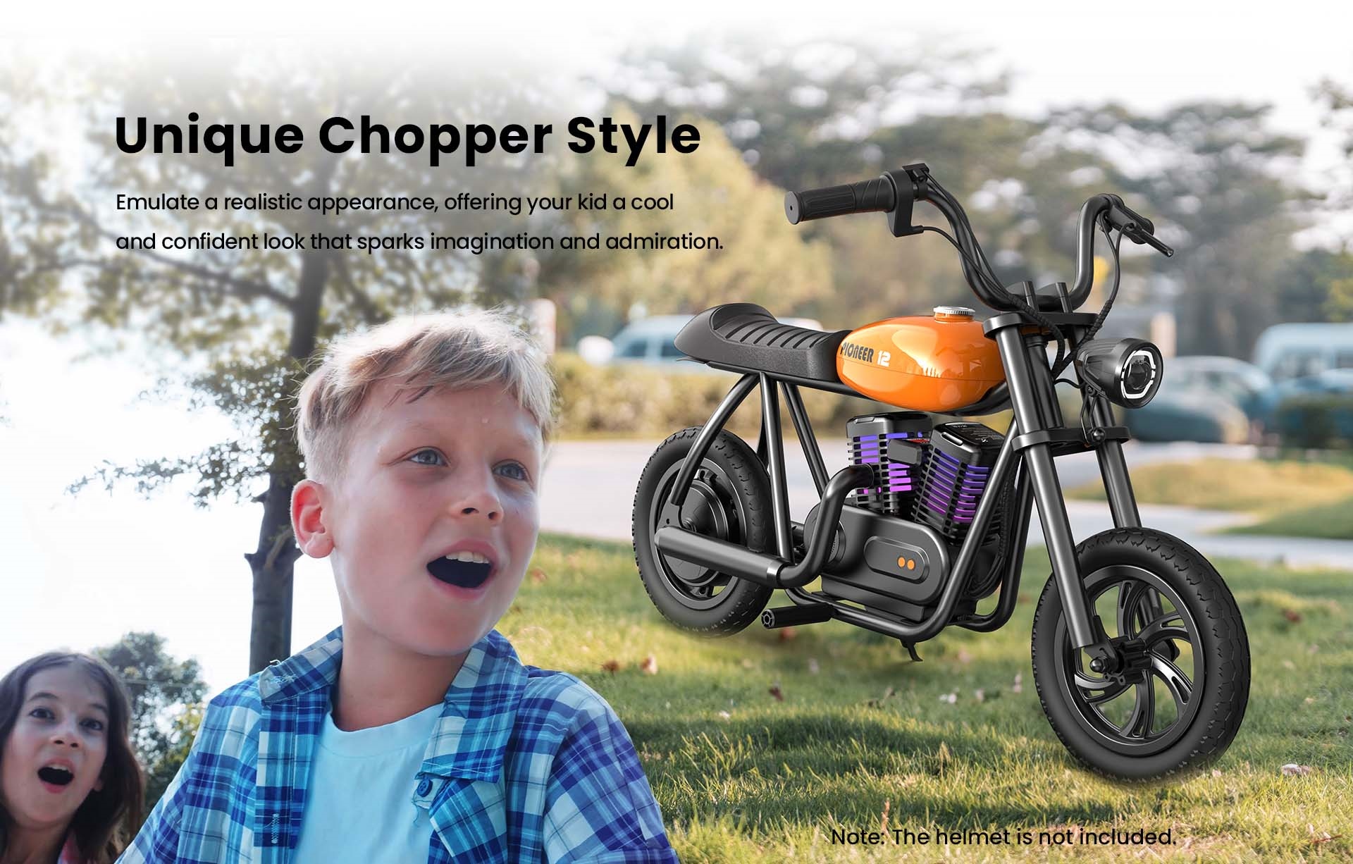 HYPER GOGO Pioneer 12 Plus Electric Chopper Motorcycle for Kids 24V 5.2Ah 160W s pneumatikami 12'x3', maximálny dojazd 12 km - modrá