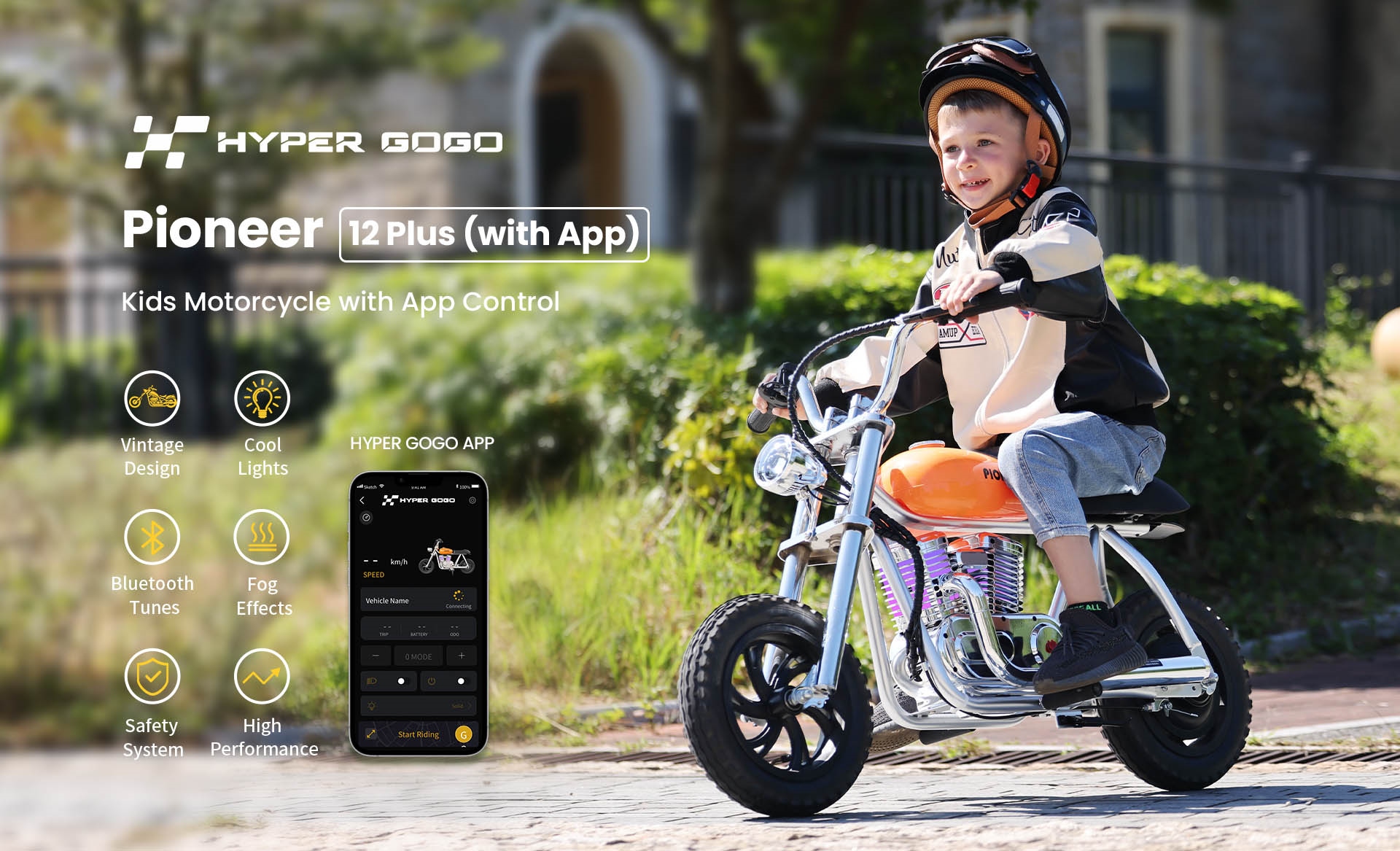 HYPER GOGO Pioneer 12 Plus s aplikáciou Elektrická motorka pre deti, 24V 5.2Ah 160W s pneumatikami 12'x3', dojazd 12 km - oranžová