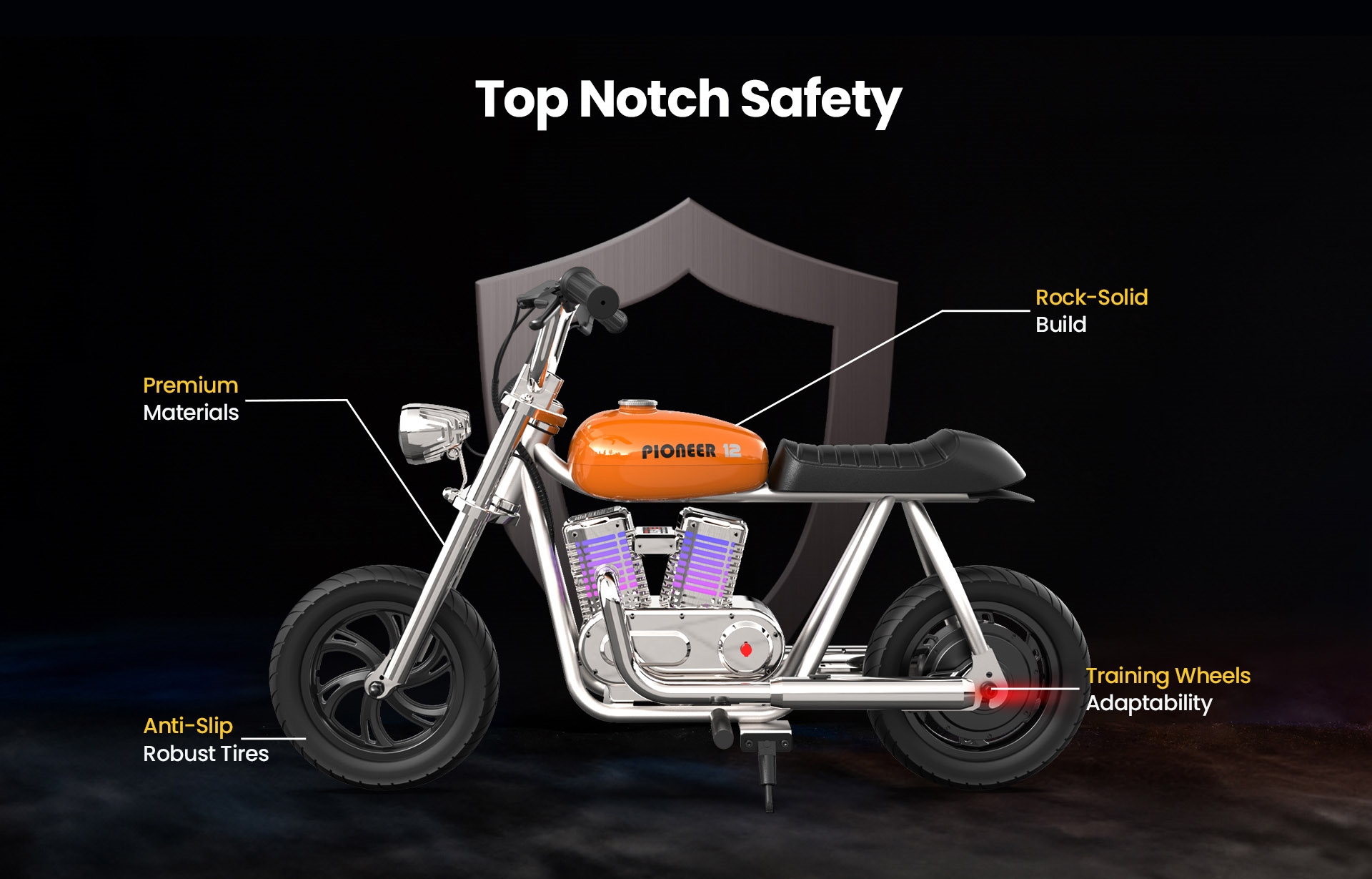 HYPER GOGO Pioneer 12 Plus s aplikáciou Elektrická motorka pre deti, 24V 5.2Ah 160W s pneumatikami 12'x3', dojazd 12 km - oranžová