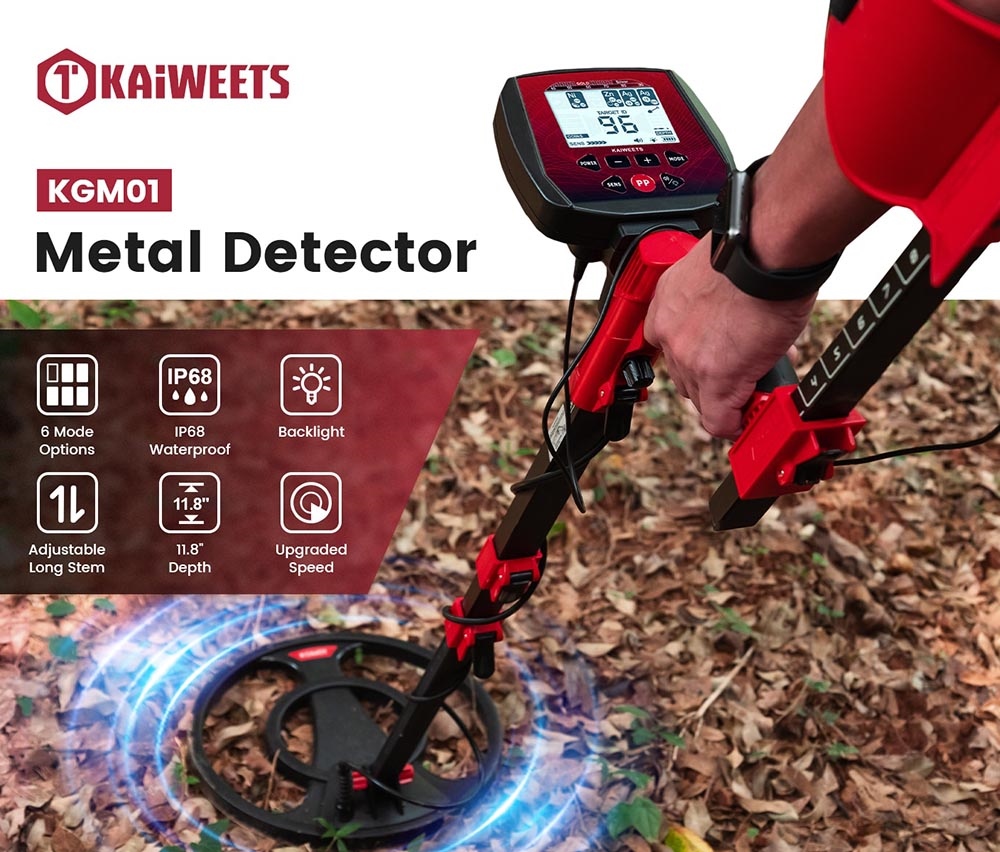 KAIWEETS KGM01 Detektor kovov, 6 detekčných režimov, 5 úrovní citlivosti, LCD displej, IP68 vodotesný, so slúchadlami, lopatkou, taškou