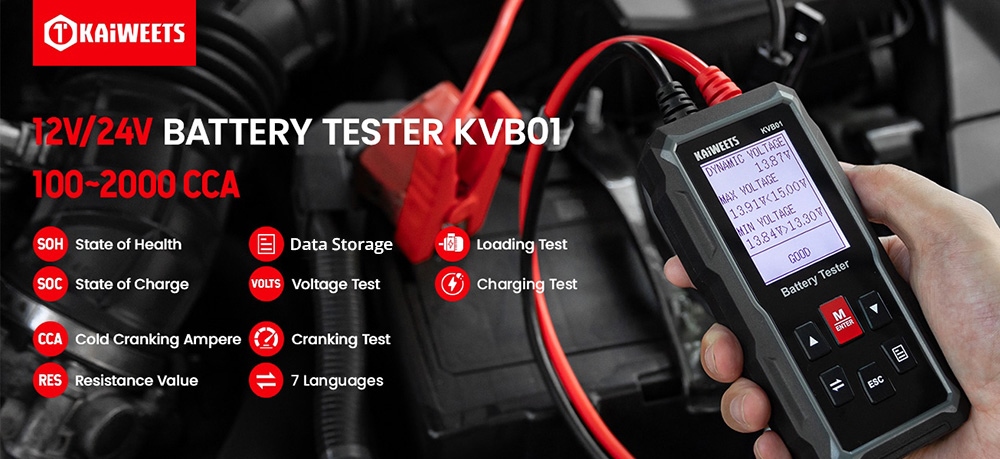 KAIWEETS KVB01 12V 24V tester autobatérií, 100-2000 CCA, test nabíjania pri zaťažení, 2.Obrazovka s uhlopriečkou 4 palce, pre automobil, motocykel, nákladné vozidlo, loď