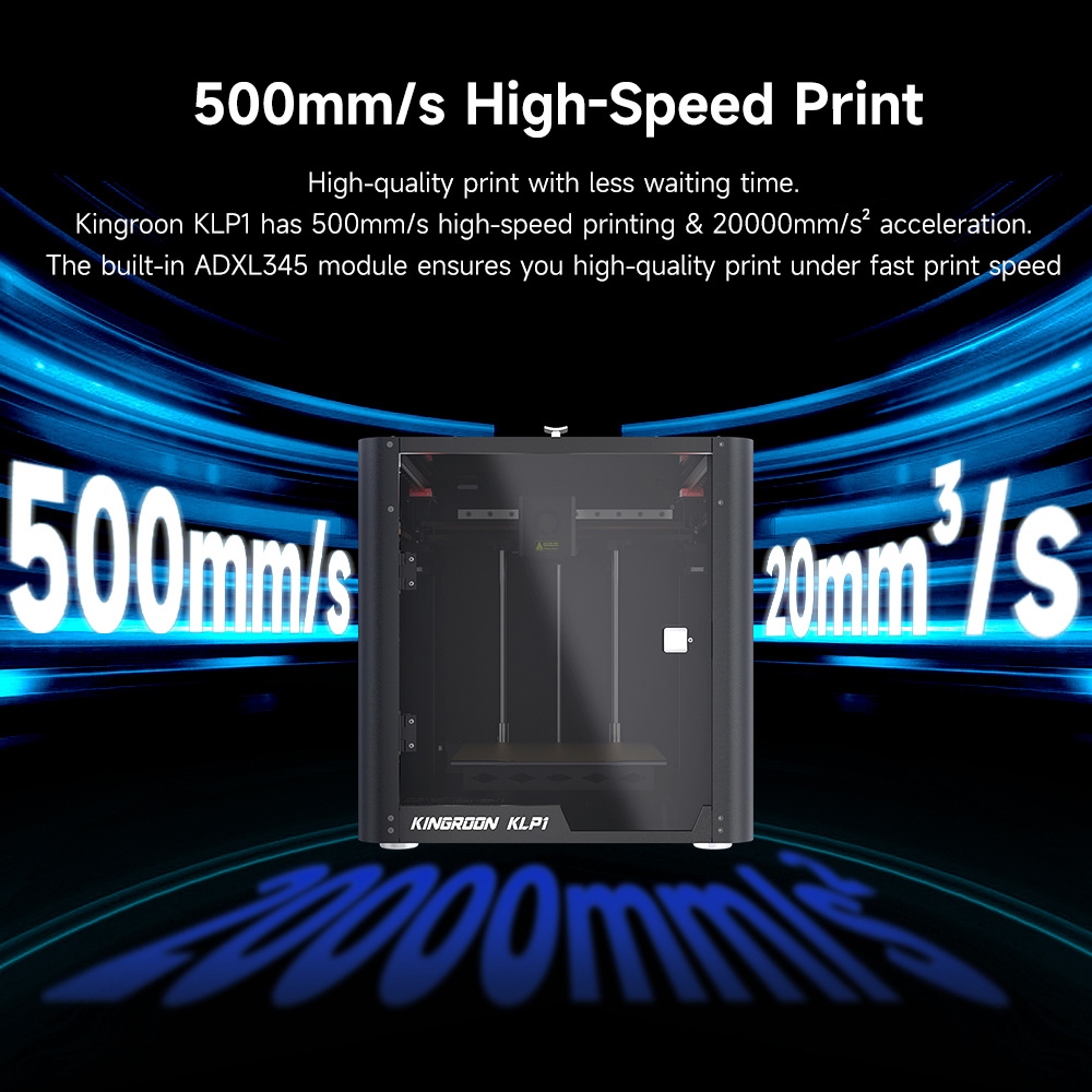 3D tlačiareň KINGROON KLP1, automatické vyrovnávanie, 0,05-0.3 mm presnosť tlače, rýchlosť tlače 500 mm/s, Klipper Firmware, detekcia porušenia materiálu, prevodový pomer 5:1, 210x210x210 mm