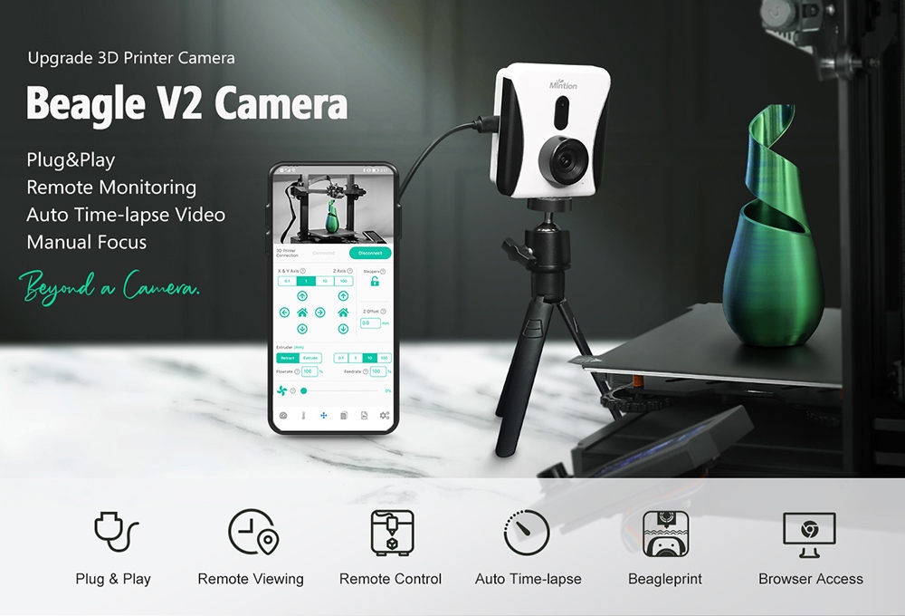 Kamera Mintion Beagle V2 pre 3D tlačiarne, rozlíšenie videa 1080P, manuálne zaostrovanie, diaľkové ovládanie WiFi, automatické časozberné video, elektronický zoom, nočné videnie, podpora PC prehliadača