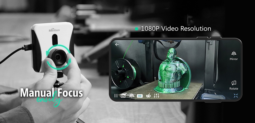 Mintion Beagle V2 3D Printer Camera, rozlíšenie videa 1080P, manuálne zaostrovanie, diaľkové ovládanie WiFi, automatické časozberné video, elektronický zoom, nočné videnie, podpora PC prehliadača