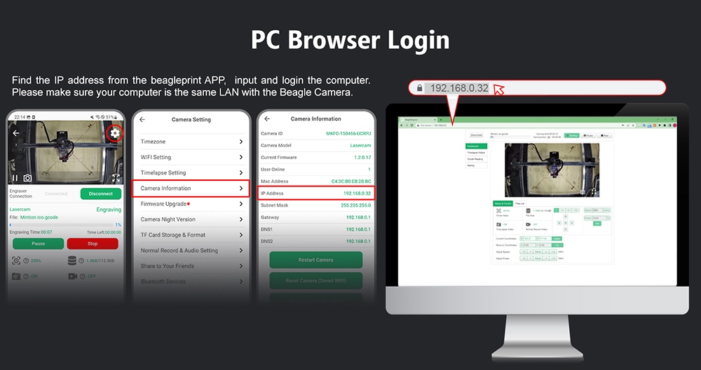 Mintion Lasercam Laser Engraver Camera, 1080P Video Resolution, Positioning in LightBurn, WiFi Remote Control, Auto Time-Lapse Video, Fire Detection, Night Version, Support PC Browser