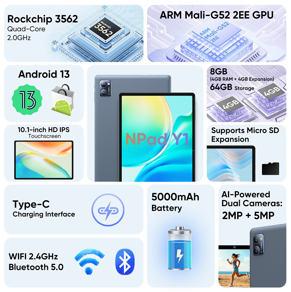 N-one Npad Y1 10.1-palcový tablet, 1280x800 HD IPS dotykový displej, Rockchip 3562, Android 13, 4GB+4GB RAM 64GB ROM