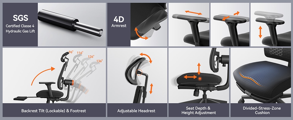 NEWTRAL MagicH-BP Ergonomická židle s opěrkou na nohy, automatickým sledováním opěradla, adaptivní opěrkou spodní části zad, nastavitelnou opěrkou hlavy, 4 polohy pro zablokování - černá