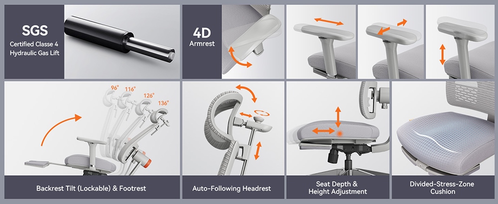 NEWTRAL MagicH-BPro Ergonomická stolička s opierkou nôh, automatickým sledovaním opierky hlavy, adaptívnou opierkou dolnej časti chrbta, nastaviteľnou opierkou rúk, 4 polohy na zablokovanie - sivá